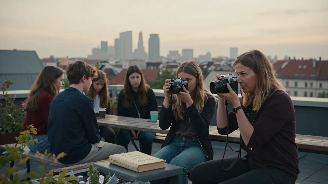 A woman teaches teenagers to use film cameras on a misty Munich rooftop garden at dawn, surrounded by books and quiet morning light.