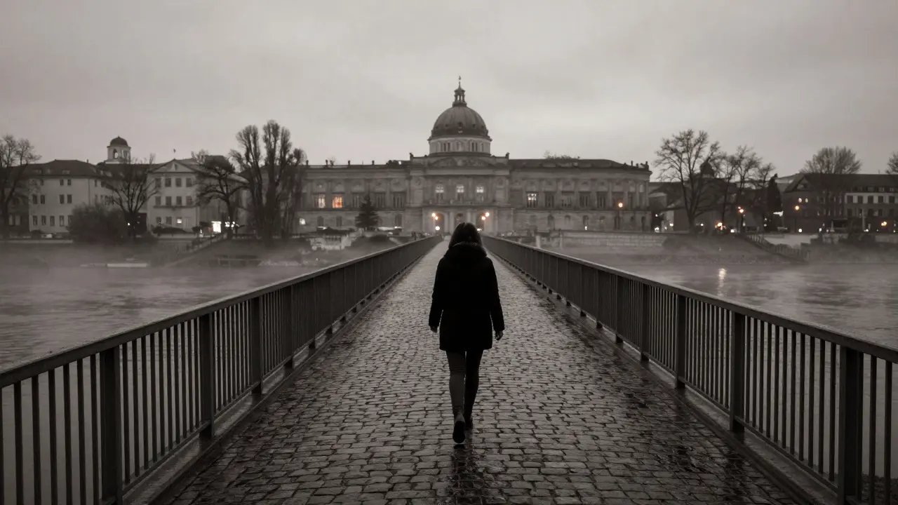 A woman walking alone across a narrow, misty bridge over the Isar River at dusk.