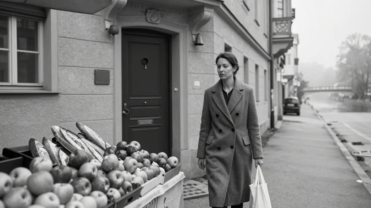 A woman walking past a Munich farmers' market, wearing a wool coat, holding apples, embodying understated elegance in a quiet city street.