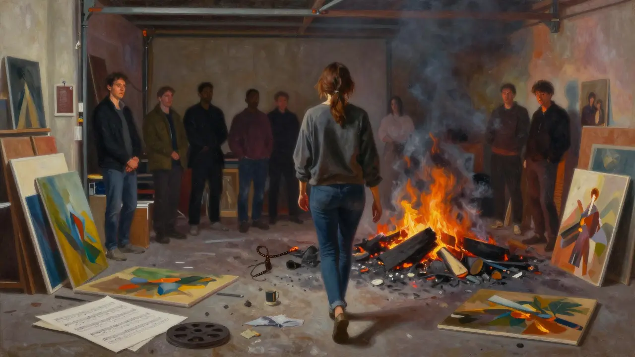 A woman walks away from embers in a studio, surrounded by art and silent observers in shadow.