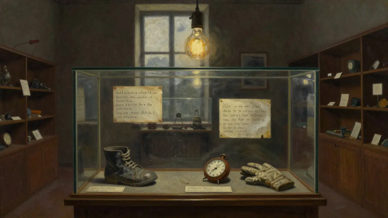 An empty museum displaying forgotten personal items in glass cases, lit by soft overhead bulbs.