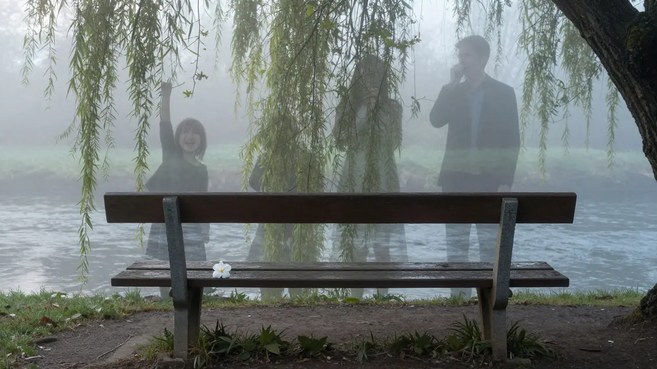 An empty wooden bench under a willow tree in mist, with faint ghostly figures barely visible in the air.