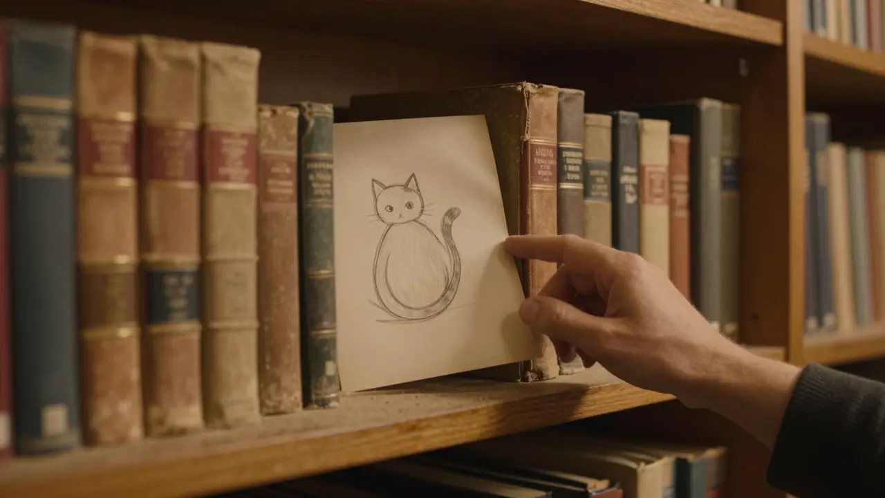 An old library book with a folded slip of paper showing a cat’s tail curled into a figure-eight, glowing faintly on the shelf.