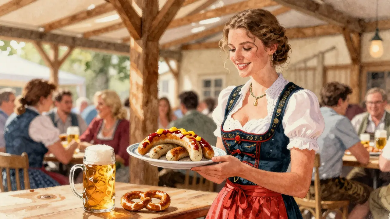Briana Banks enjoying Weisswurst and beer in Munich's Biergarten.