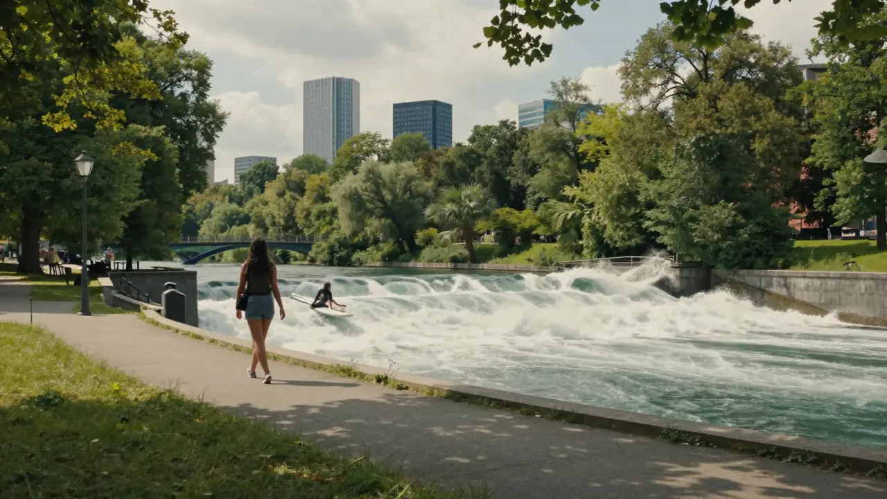 Briana Banks observing surfers on Eisbach wave in Munich's English Garden.