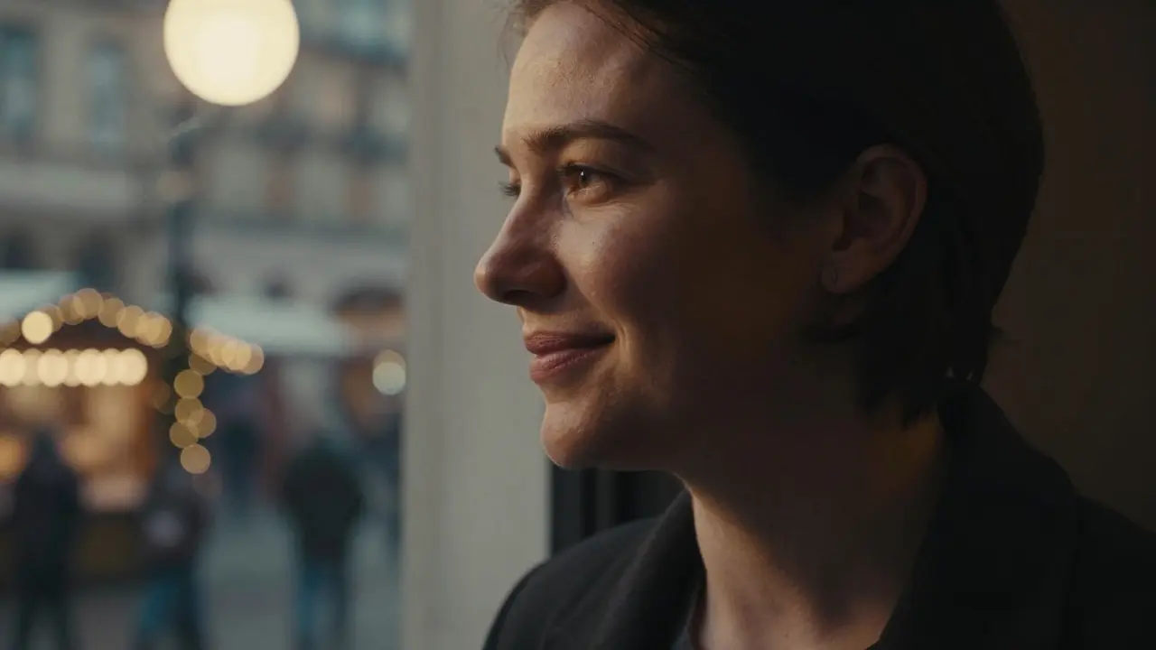 Close-up of a woman's face illuminated by warm and cool ambient light, showing subtle emotion with no makeup or artifice.