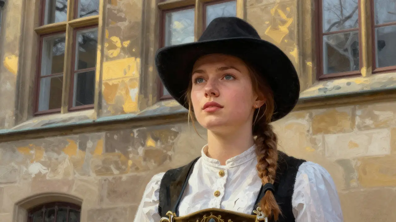 Close-up of Leonie against Munich building facade, golden light, traditional and modern attire blend
