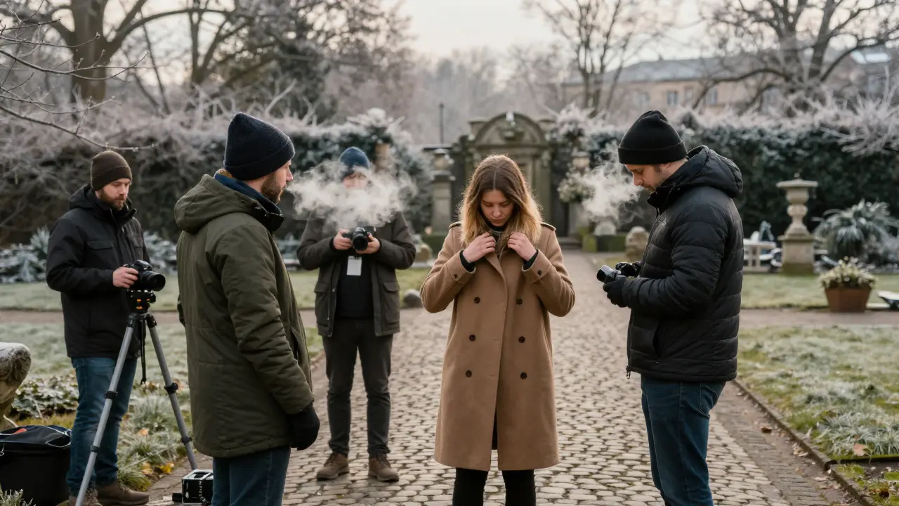 Crew filming in English Garden during cold February, visible breath, frosty trees, Leonie adjusting coat