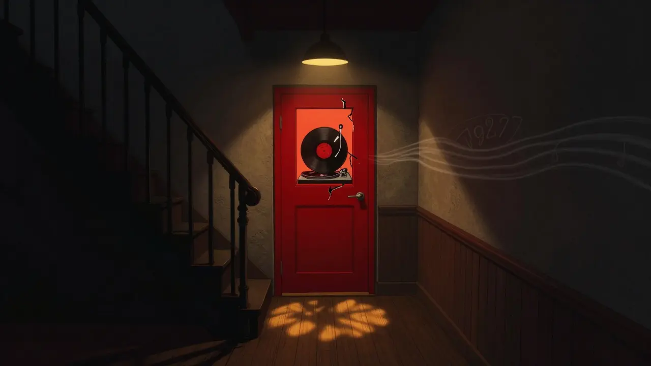 Hidden red door of Bar 1927 in a Munich alley, faint jazz light glowing from within.