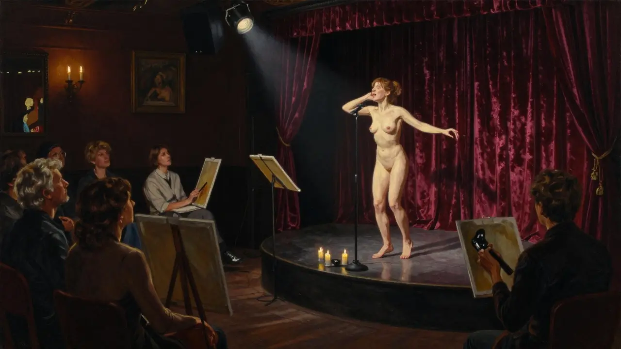 Lexy performing in an intimate Schwabing cabaret, bathed in spotlight among artists.