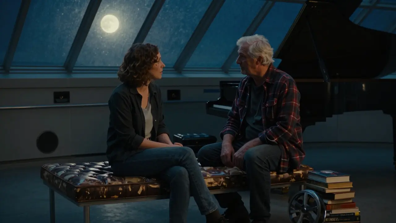 Lexy speaking softly to a stranger in the BMW Museum at night, moonlight and piano in background.