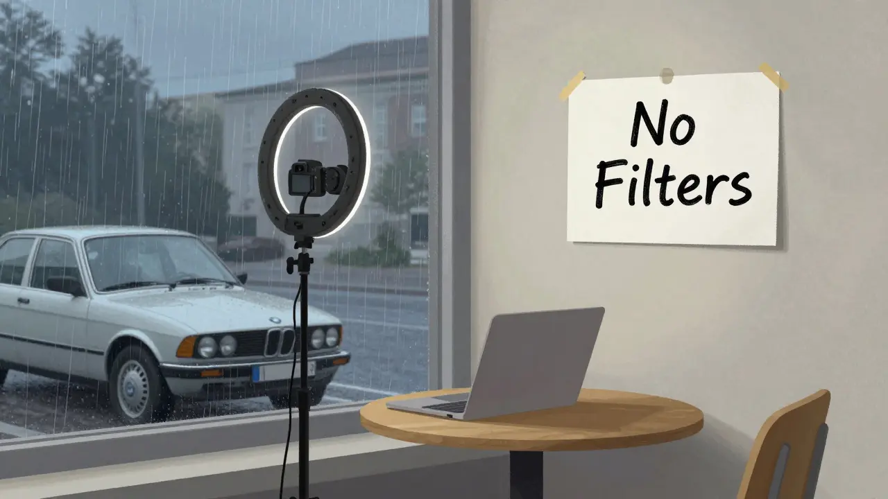 Minimalist content setup: camera, ring light, and laptop beside an old BMW parked outside a Munich apartment.