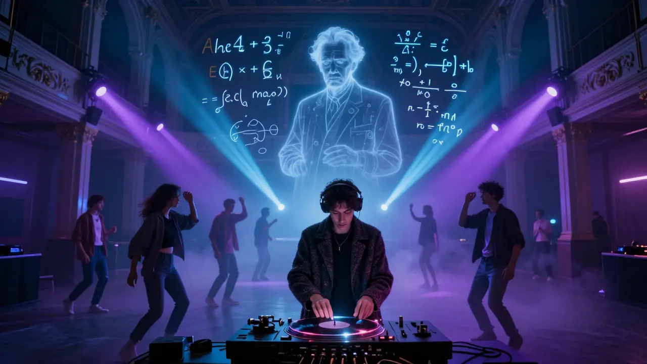 Rave in a converted theater with strobe lights and a DJ playing vinyl, dancers below floating equations.