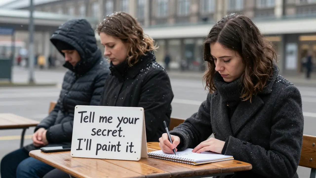 Texas Patti sits at a table outside Munich’s train station, sketching secrets from strangers as snow falls gently in the morning light.