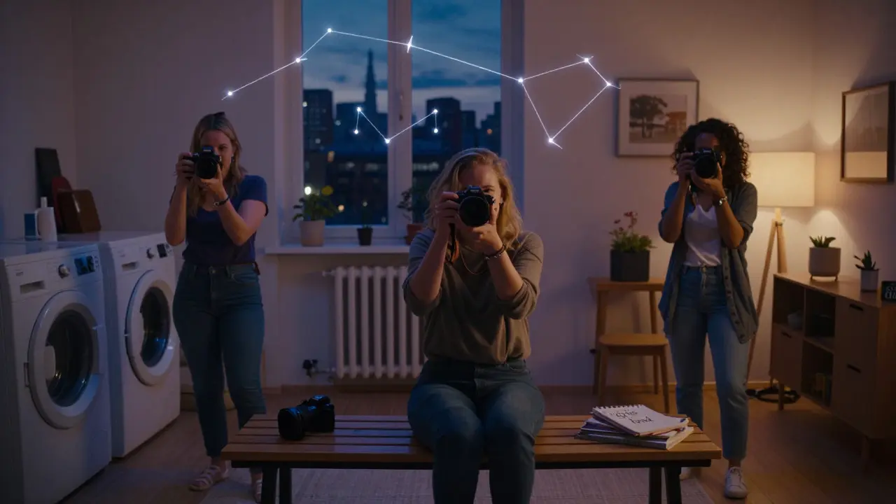 Three women filming in different homes, connected by faint glowing lines, symbolizing grassroots empowerment.