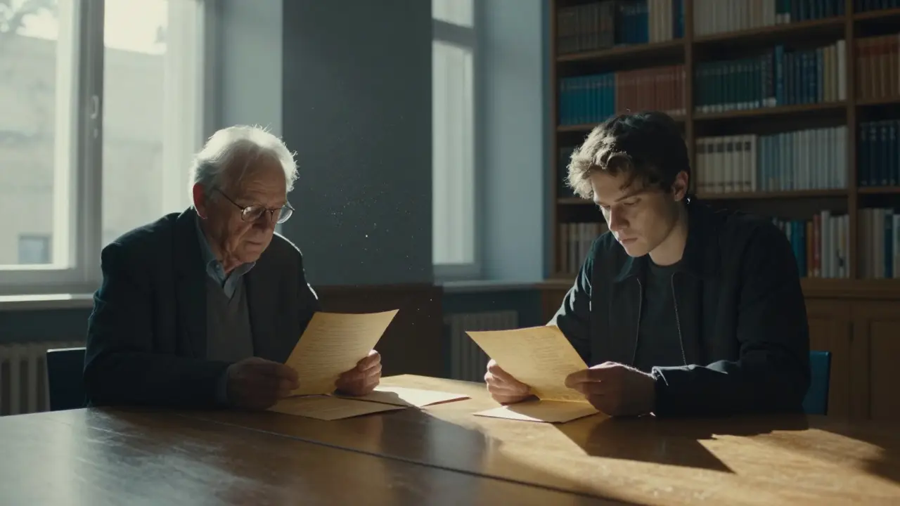 Two individuals reading old love letters aloud in a sunlit Munich library, no nudity, only quiet presence.