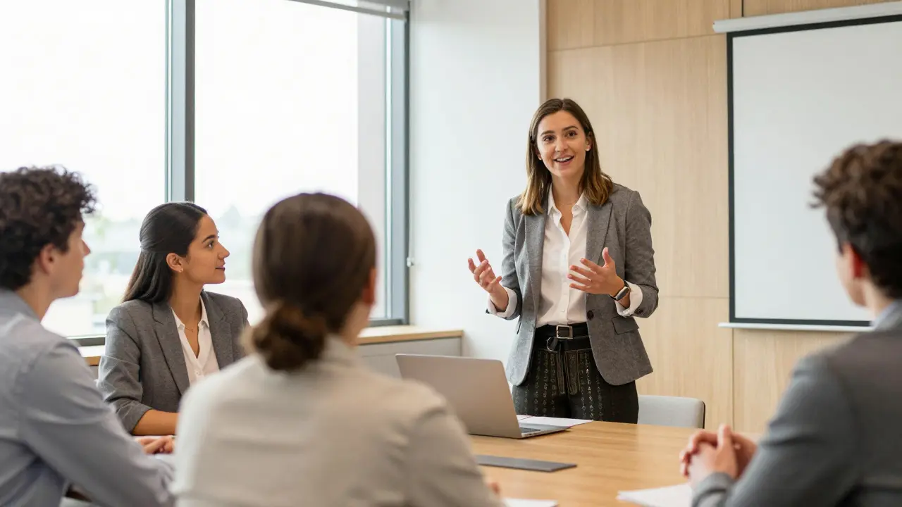 Tyra mentoring aspiring performers in conference room with natural daylight