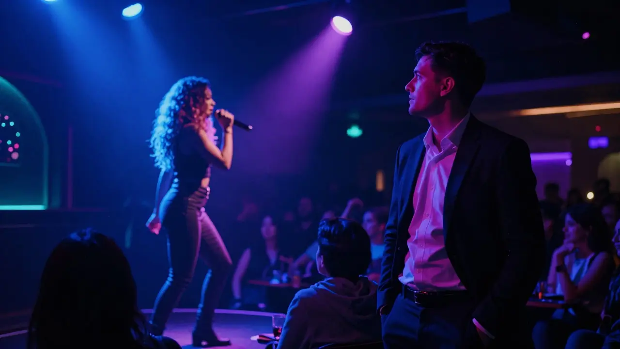 Tyra performing on stage at a nightclub under spotlight as talent scout watches