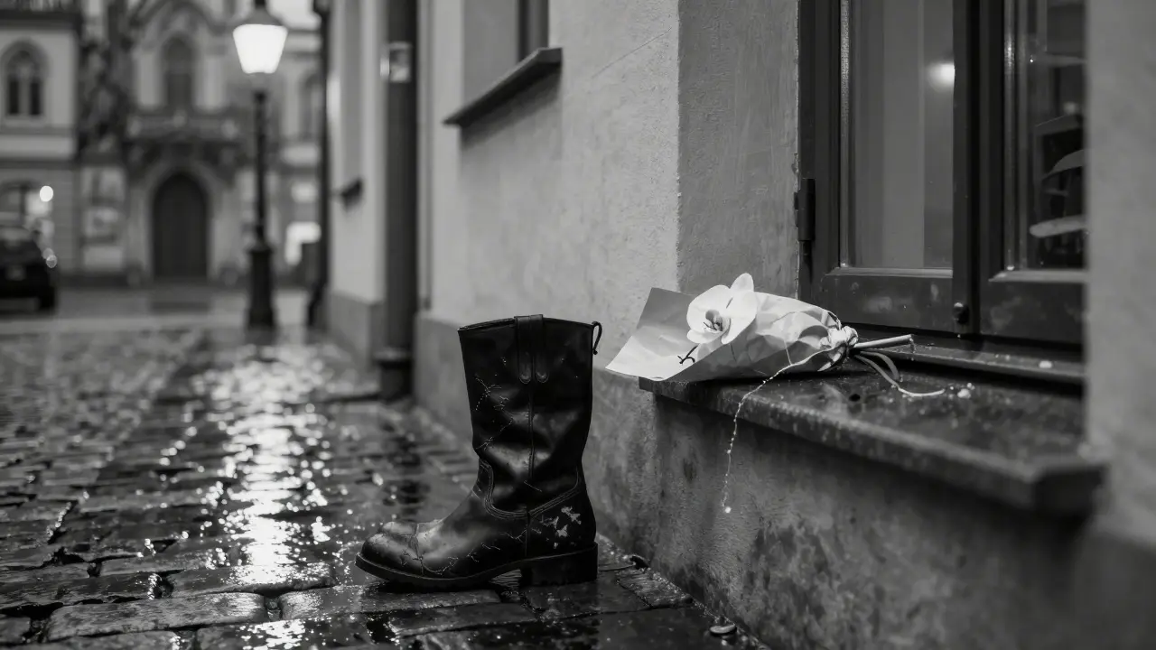 A cracked leather boot and a white orchid on a windowsill, reflecting quiet Munich rituals in black and white.