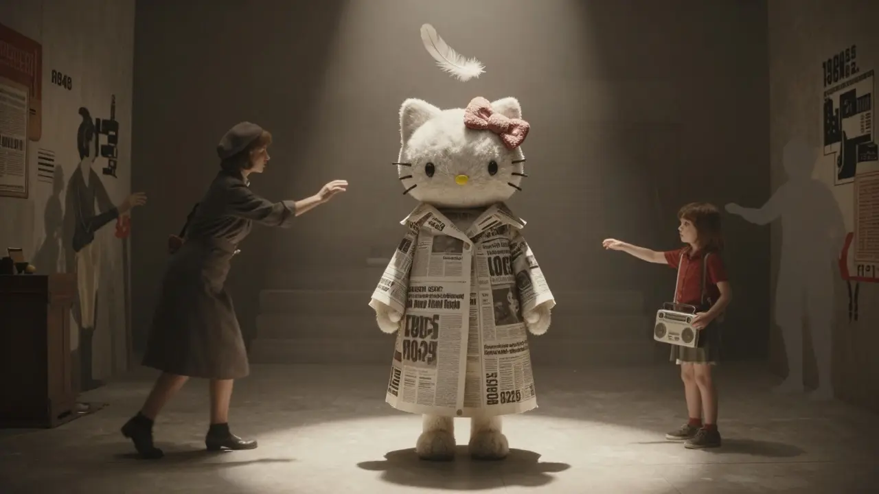 A performer in a newspaper coat releases a feather into the air, surrounded by ghostly figures from different decades in a dim theater.