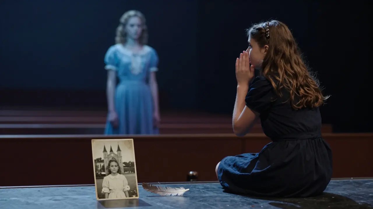 A whispering performer faces an empty row of seats as a translucent woman in blue stands behind them, a faded photo of a child lying on the floor.