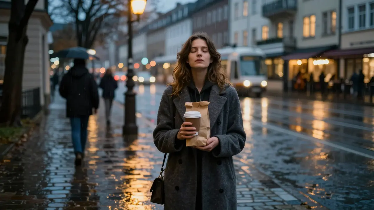 A woman stands under a streetlamp in the rain, coffee in hand, eyes closed as city lights glow softly around her.