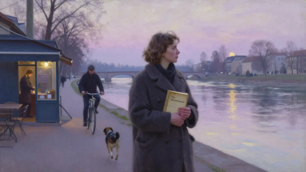 A woman walks along a river at dawn, holding a book, the city waking around her in soft morning light.