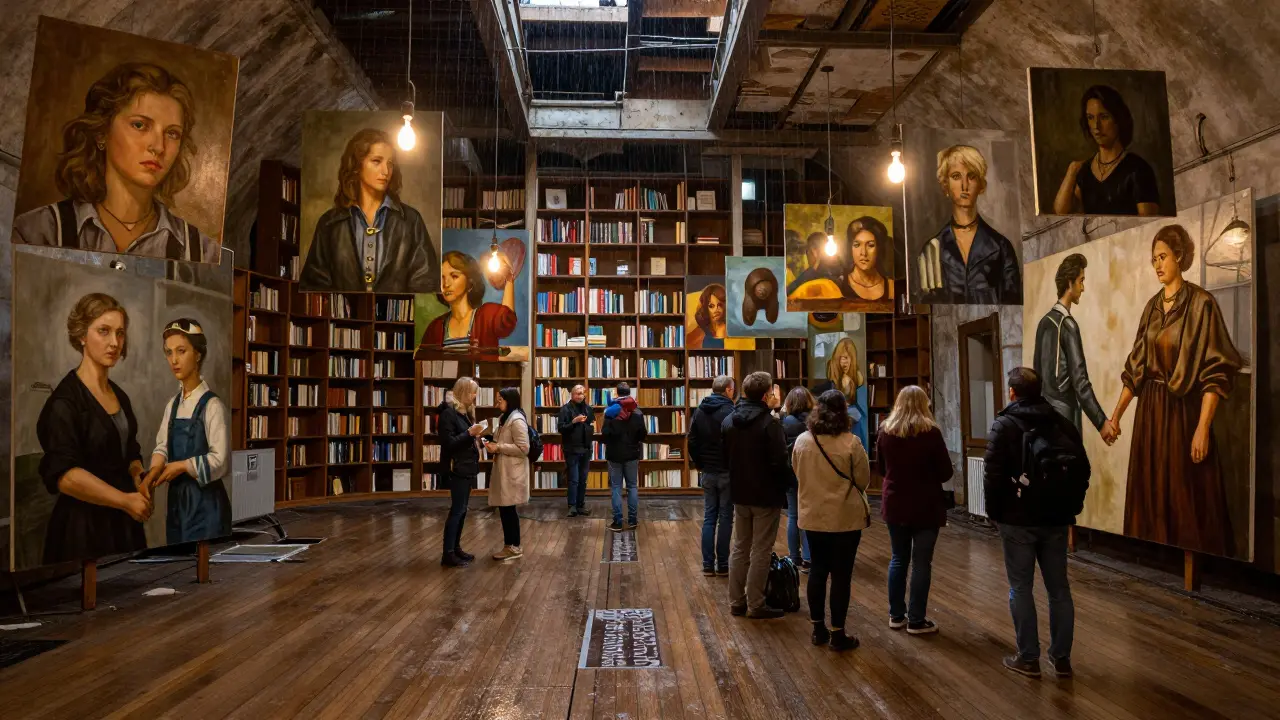 An abandoned book depository turned art space filled with vivid paintings, lit by dim bulbs, as locals observe in quiet awe.