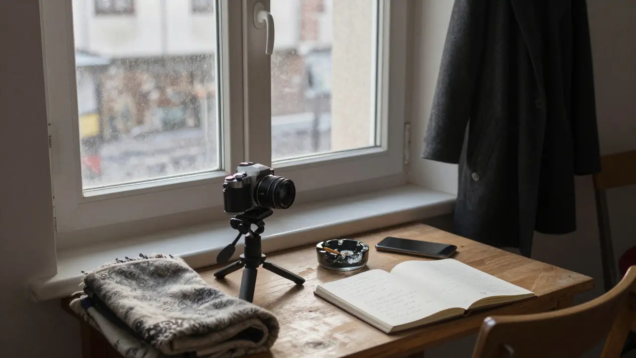 An empty apartment with a camera on a tripod, a cigarette smoldering, and morning light streaming through a dusty window.