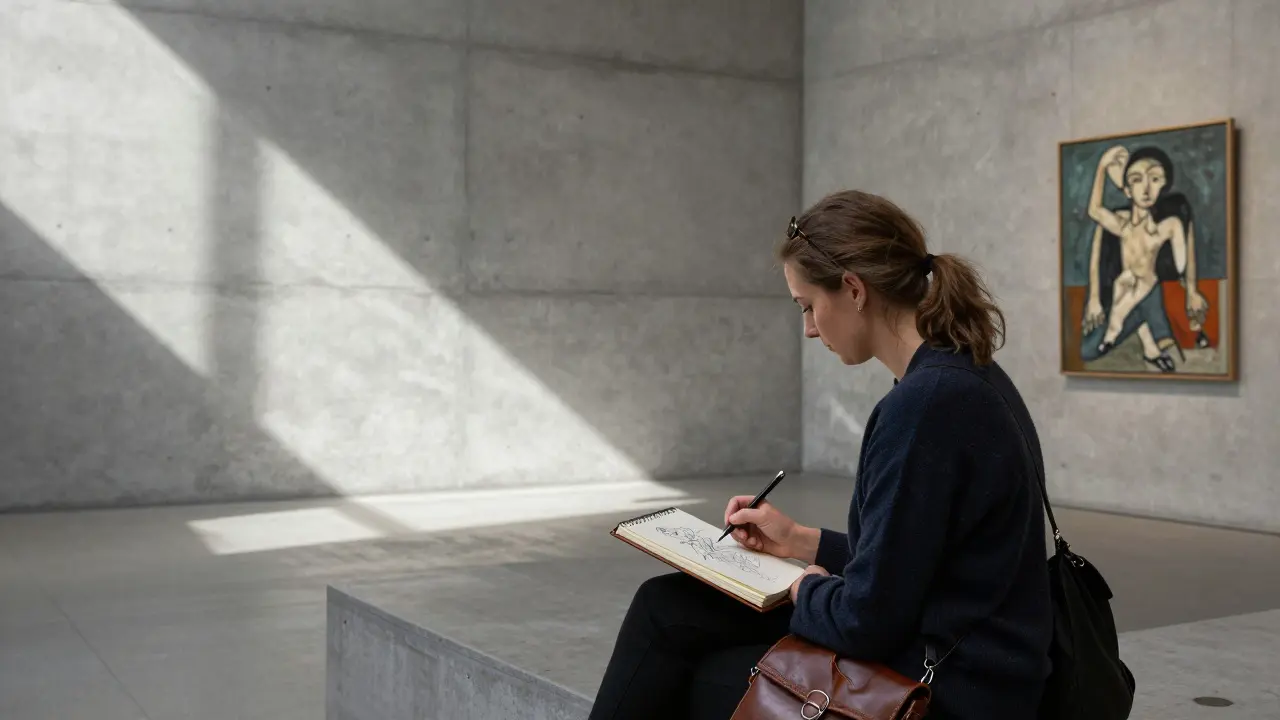 Leonie sketching in the Pinakothek der Moderne, surrounded by modern art under sparse, contemplative lighting.