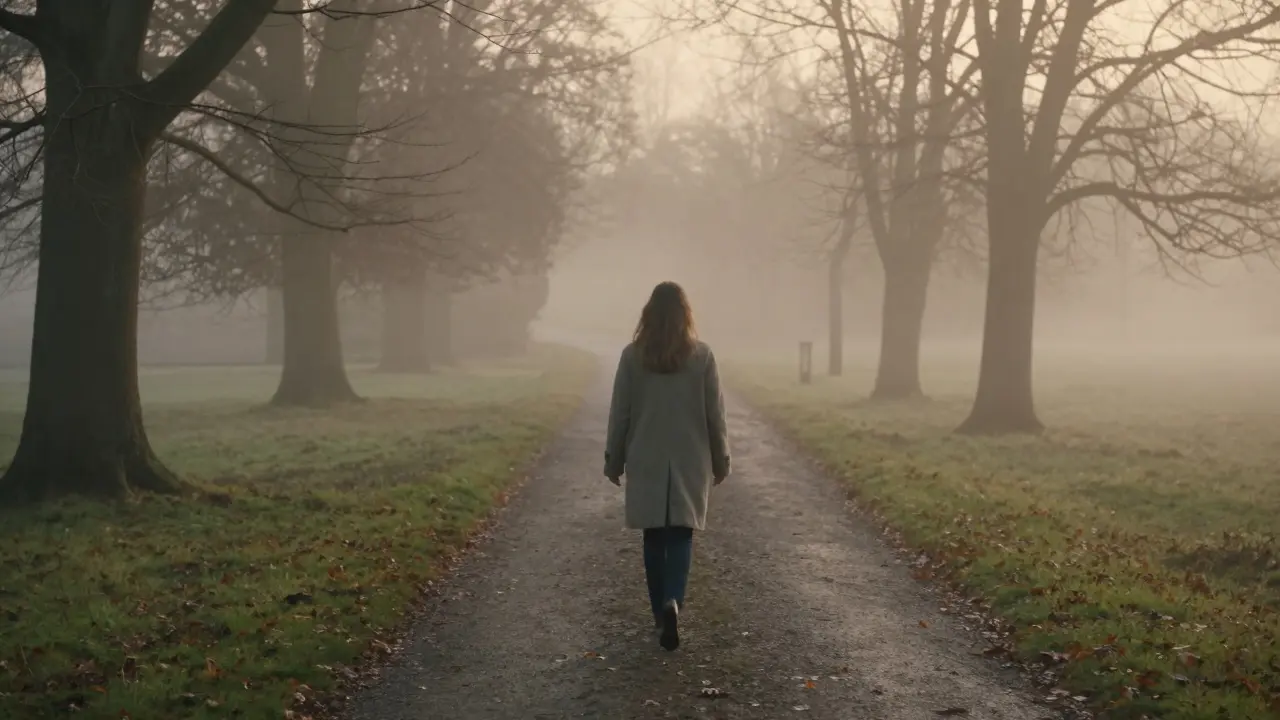 Sandra walking alone at dawn in Englischer Garten, mist rising, footsteps on wet leaves, no one else around.