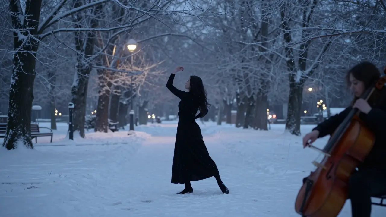 Texas Patti dances alone in a snowy Munich park at dawn, accompanied by a cellist out of frame.