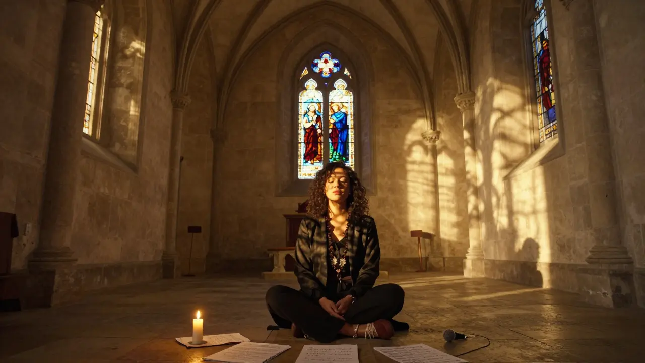 Texas Patti sits in a quiet medieval chapel, listening to spoken word as candlelight flickers on ancient stone walls.